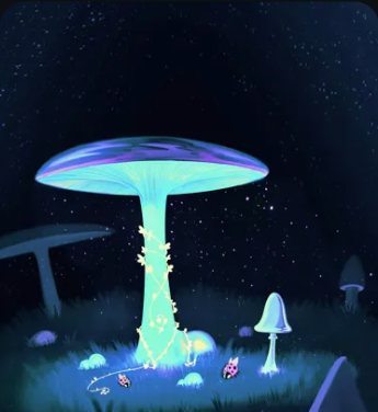 Illustration of a glowing blue mushroom at night