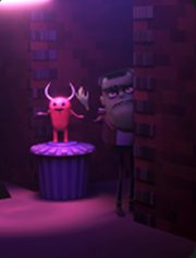 Two 3D character designs in a purple-lit room