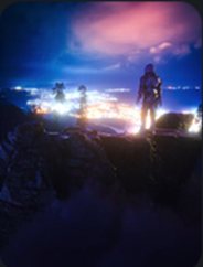 Game environment concept with a figure above a city at night
