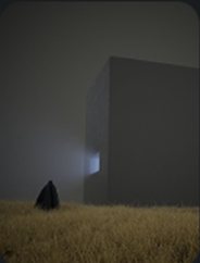 Minimal game environment with a cube in fog
