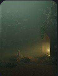 Foggy green game environment with a lit doorway