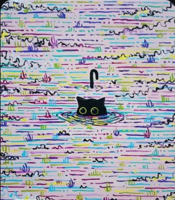 Illustration of a black cat on a colourful pattern