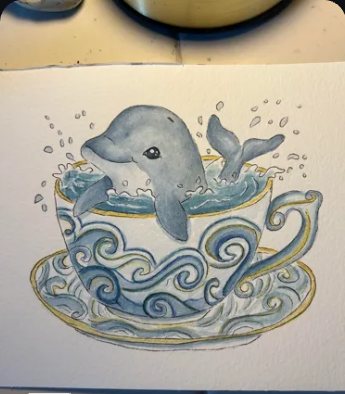 Watercolour of a dolphin jumping out of a teacup