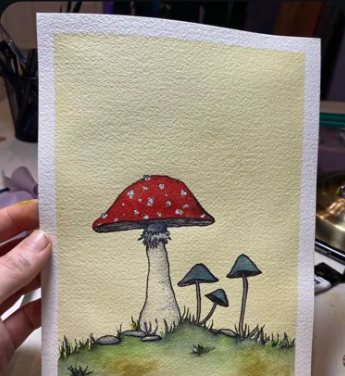 Watercolour of a red fly agaric mushroom