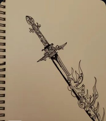 Ink drawing of an ornate sword in a sketchbook